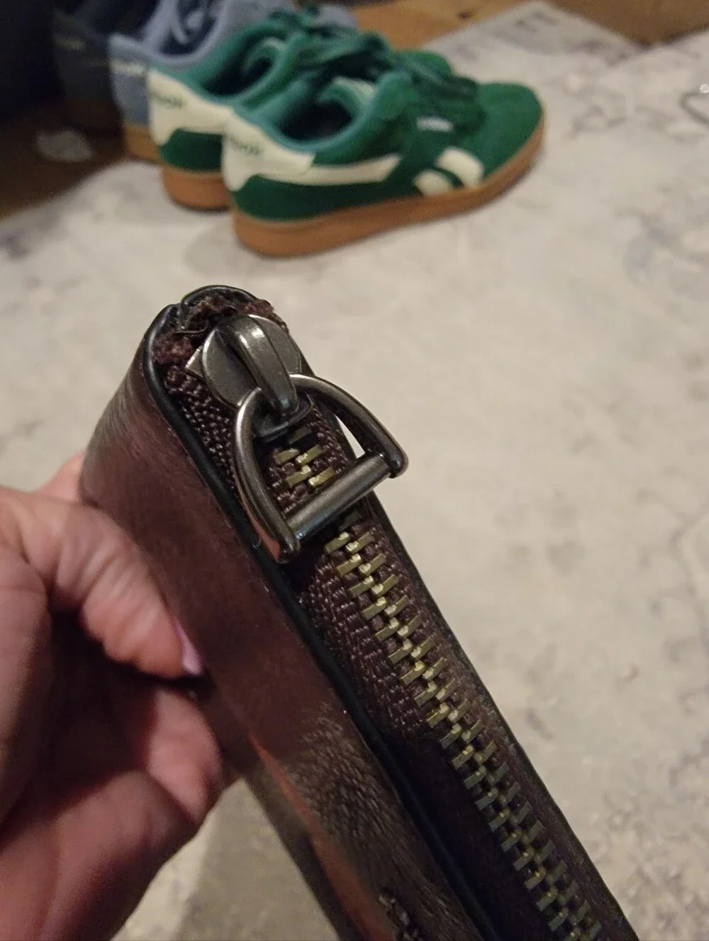 Coach Oxblood/Brown Pebbled Leather Corner Zip Wristet With Orange Dice